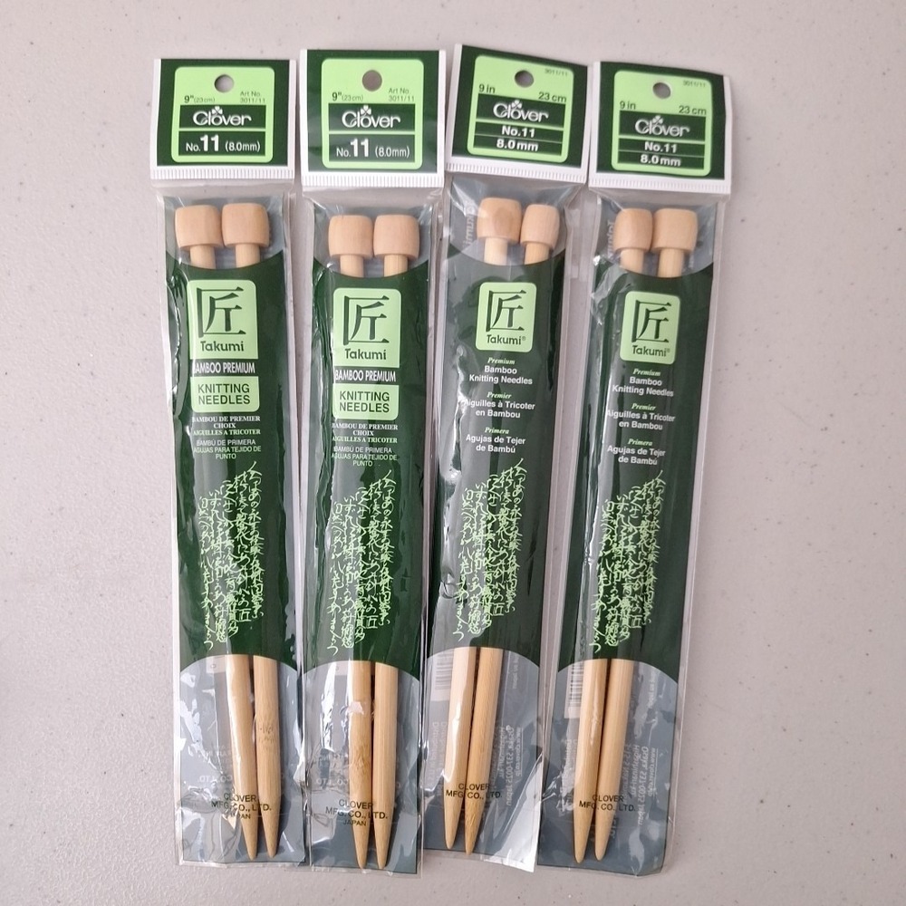 Clover Takumi Bamboo Double Point Knitting Needles 9" No. 11, 8.0 mm, Set of 4